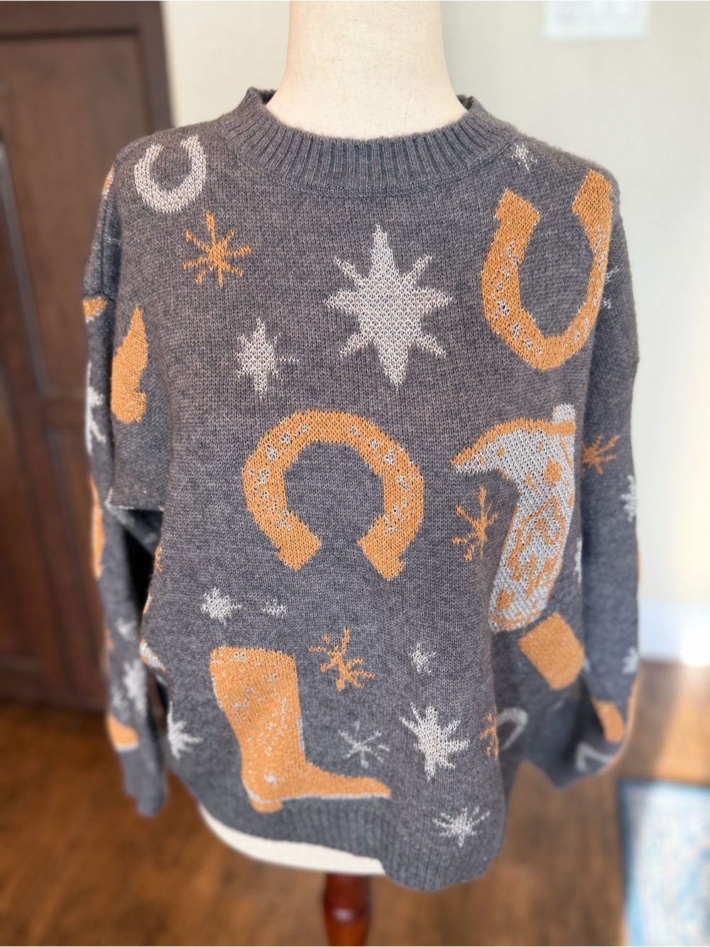Sunday Up Western Cowboy Sweater Gray Horseshoe Boots Stars Oversized Knit Small